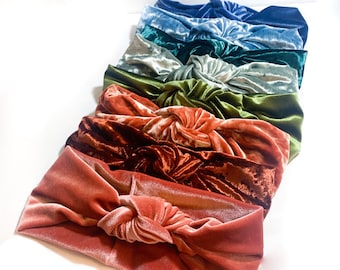 Large Knotted Stretch Velvet Headband  -  Olive / Crushed Black / Turquoise / Brown  / Blue Gold / Rust / Red  - Boho Artsy Turban