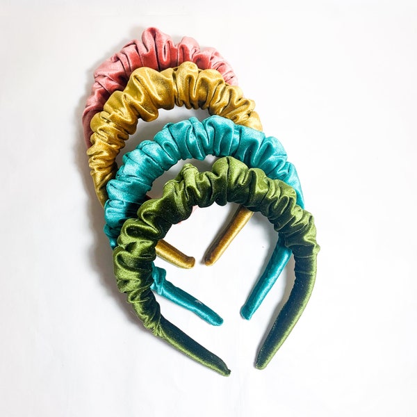 Ruffle Headband Headband -  Padded  Ruched Gathered Scrunched Velvet - / Trend  / Black / Green  / Gold / Rust / Pouf Boho Chunky