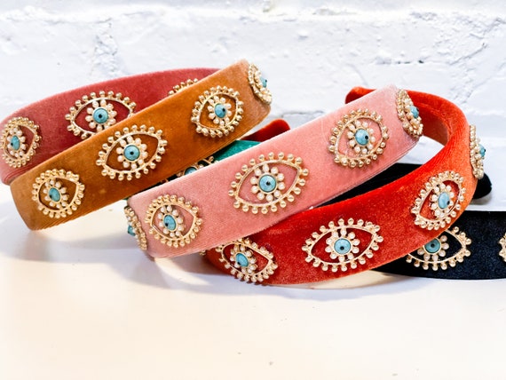 Evil eye jeweled velvet headband new EVIL EYE Gold Turquoise Headband - Velvet / Golden / Yellow  main image 4