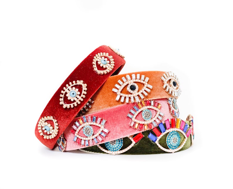 EVIL EYE Jeweled Headband Style 1 Velvet / blue / Pink / black / Multi / Silver / bohemian jeweled image 7