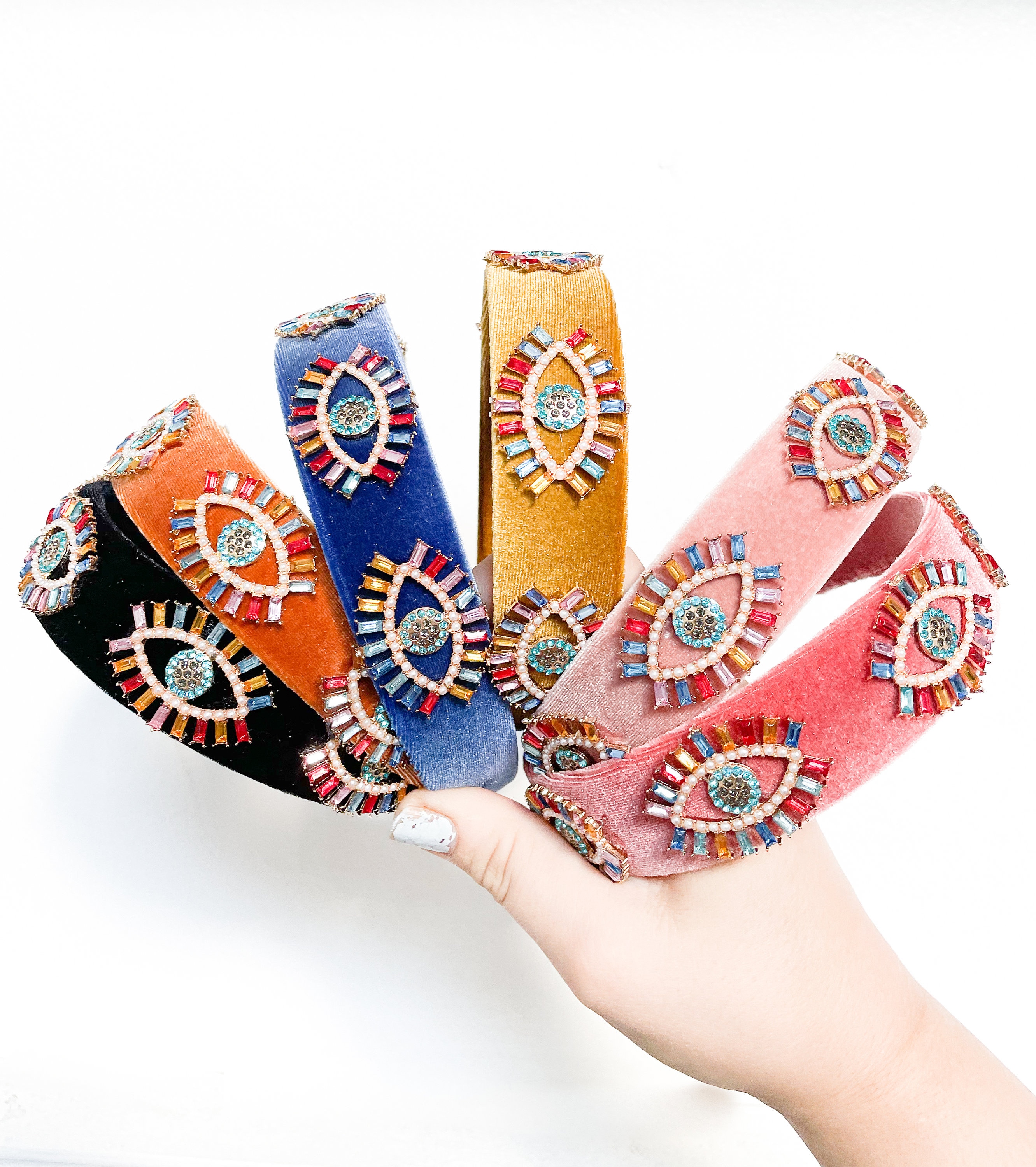 Evil eye jeweled velvet headband new Colorful Evil Eye Headband-Petrol - ODĒ TO ESTHĒTIC main image 2