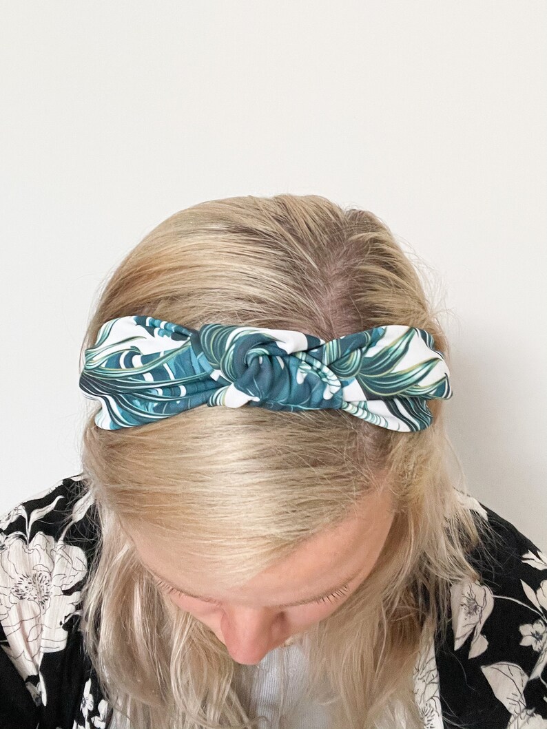 Tropical Leaf Top Knot Headbands SUMMER SERIES Lycra / Swim / Tropical / Jungle / Teal Green White / knotted Woman's image 4