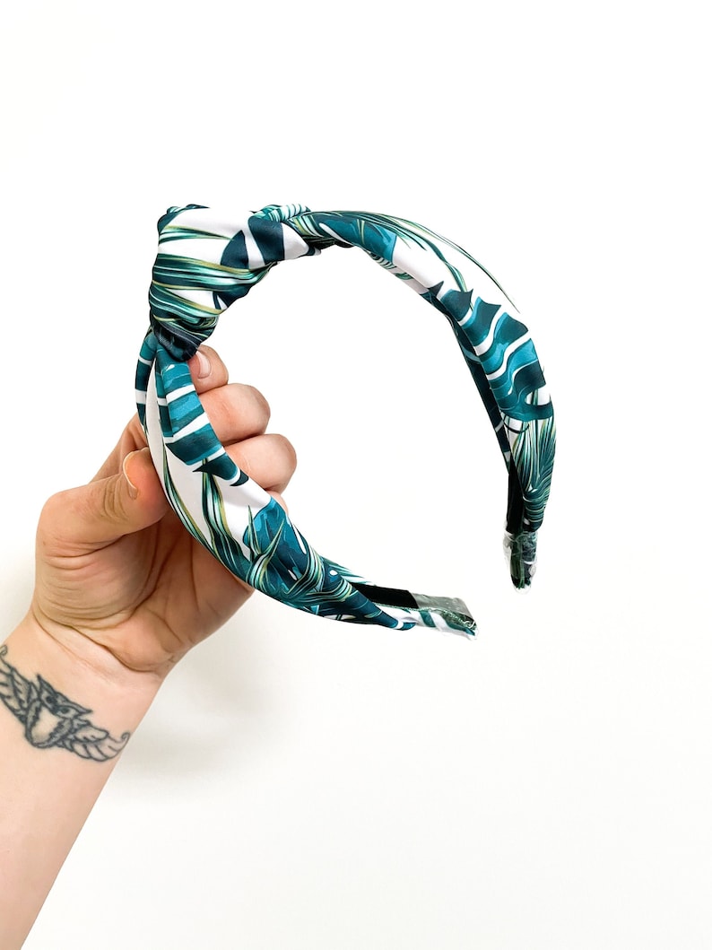 Tropical Leaf Top Knot Headbands SUMMER SERIES Lycra / Swim / Tropical / Jungle / Teal Green White / knotted Woman's image 1