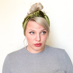Large Knotted Stretch Velvet Headband Olive / Crushed Black / Turquoise / Brown / Blue Gold / Rust / Red Boho Artsy Turban Olive