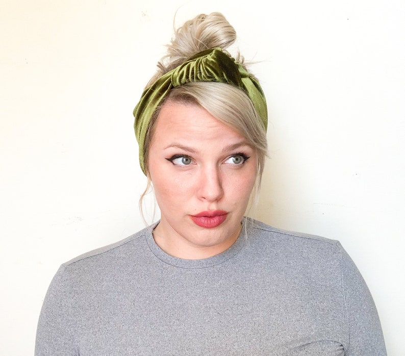 Large Knotted Stretch Velvet Headband Olive / Crushed Black / Turquoise / Brown / Blue Gold / Rust / Red Boho Artsy Turban Olive