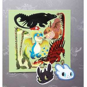 HTTYD- Dragons Square Print+Stickers Set! (Toothless, Stormfly, Hookfang, Barf and Belch, Meatlug)