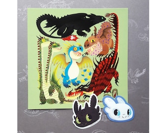 HTTYD- Dragons Square Print+Stickers Set! (Toothless, Stormfly, Hookfang, Barf and Belch, Meatlug)