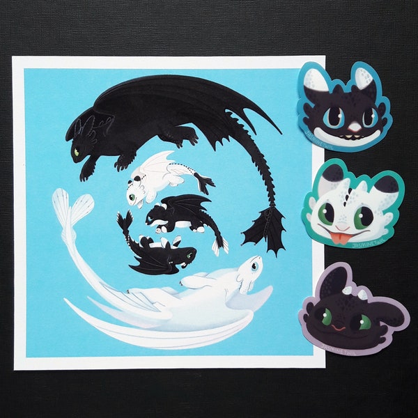 HTTYD- Toothless and Family Print+Stickers Set! (Toothless, Light fury, Dart, Ruffrunner, Pouncer, Night Lights)