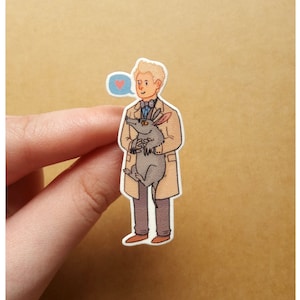 May include: A sticker featuring a cartoon man with blonde hair wearing a beige coat and holding a grey echidna. A blue speech bubble with a pink heart is above the man's head.