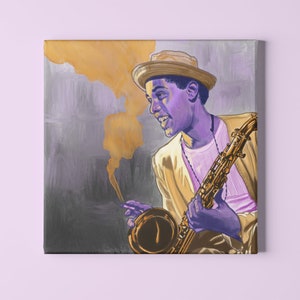 May include: A painting of a man playing a saxophone. He is wearing a straw hat and a light brown jacket. The background is a muted purple and gold.