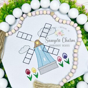 Windmill & tulips sketch stitch machine embroidery design file, quick stitch, spring flowers, Netherlands