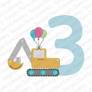 May include: An embroidered design featuring a yellow excavator with a gift in its bucket and three balloons. A large, light blue number 3 is next to the excavator. The design is for a birthday.