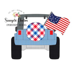 May include: A blue and white checkered Jeep with a red, white, and blue checkered spare tire and an American flag attached to the back. The text "Sawyers Charm Embroidery Designs" is on the back of the Jeep.