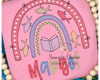 Reading book rainbow with fish sketch stitch machine embroidery design, Read Across America, cat hat whimsical