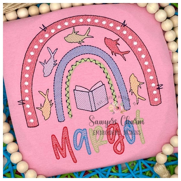 Reading book rainbow with fish sketch stitch machine embroidery design file quick stitch, bean stitch Read Across America, cat hat whimsical