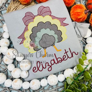 Turkey tail with coquette bow sketch stitch embroidery design file, fall, thanksgiving, quick stitch, feathers, little girl, quick stitch