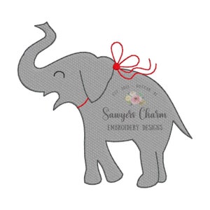 May include: A gray elephant with a red bow on its back. The elephant is standing on all four legs and has its trunk raised in the air. The text "Sawyers Charm Embroidery Designs" is below the elephant.