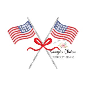 American flags sketch stitch with satin stitch bow, machine embroidery design file, bean stitch, 4th of July, patriotism, stars & stripes
