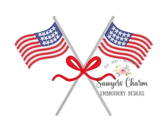 American flags sketch stitch with satin stitch bow, machine embroidery design file, bean stitch, 4th of July, patriotism, stars & stripes