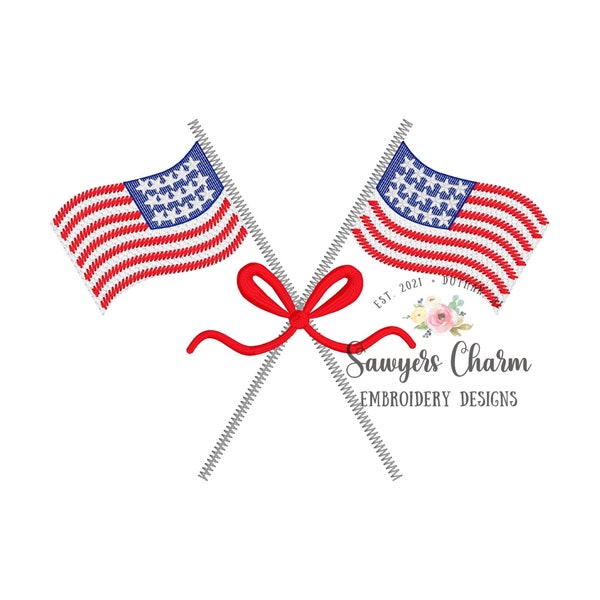 American flags sketch stitch with satin stitch bow, machine embroidery design file, bean stitch, 4th of July, patriotism, stars & stripes