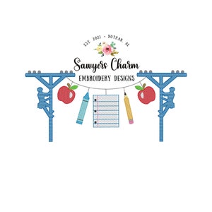 Back to school lineman bunting banner, sketch stitch machine embroidery design file, quick stitch, bean stitch, crayon, pencil, paper, apple