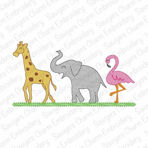 Trío de diseños de bordado a máquina con bocetos de animales de zoológico, selva y safari: jirafa, elefante y flamenco, con o sin lazo coqueto. imagen 3