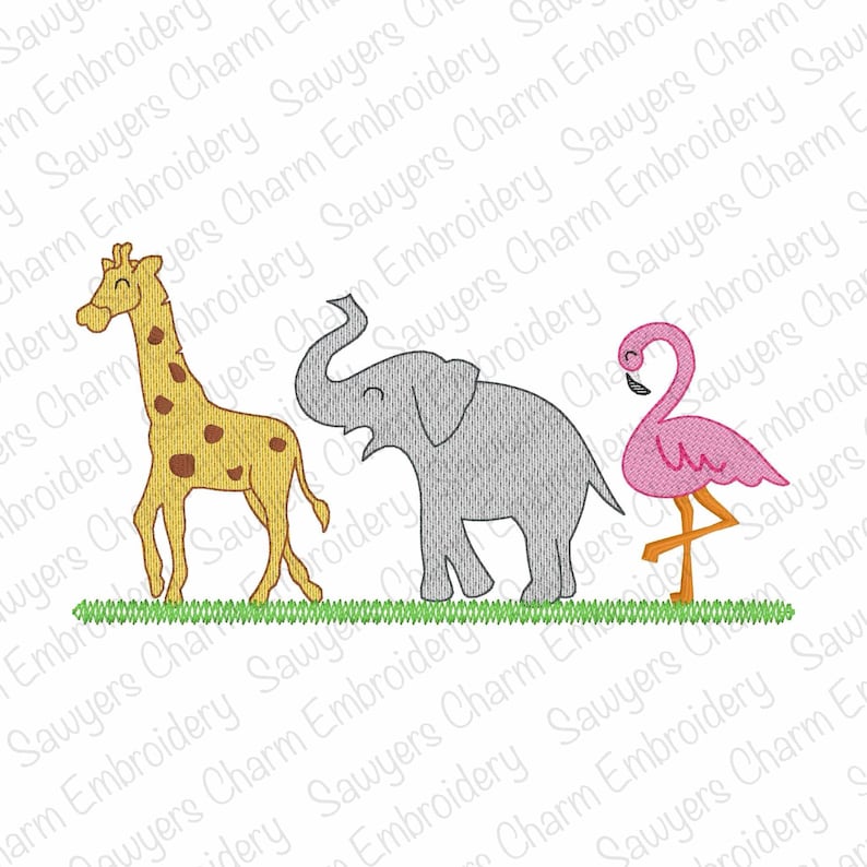 Trío de diseños de bordado a máquina con bocetos de animales de zoológico, selva y safari: jirafa, elefante y flamenco, con o sin lazo coqueto. imagen 3