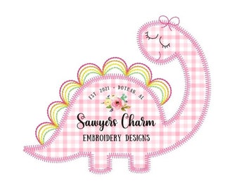 Rainbow girl dinosaur with bow, zig zag applique embroidery design file, dino, bean stitch rainbow, summer, girly, quick stitch