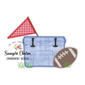 May include: A blue and white cooler with a red and white checkered flag and a brown football. The cooler has two black handles and the text "Sawyers Charm Embroidery Designs" is below the cooler. The text "Est. 2021 - Dothan, AL" is above the cooler.