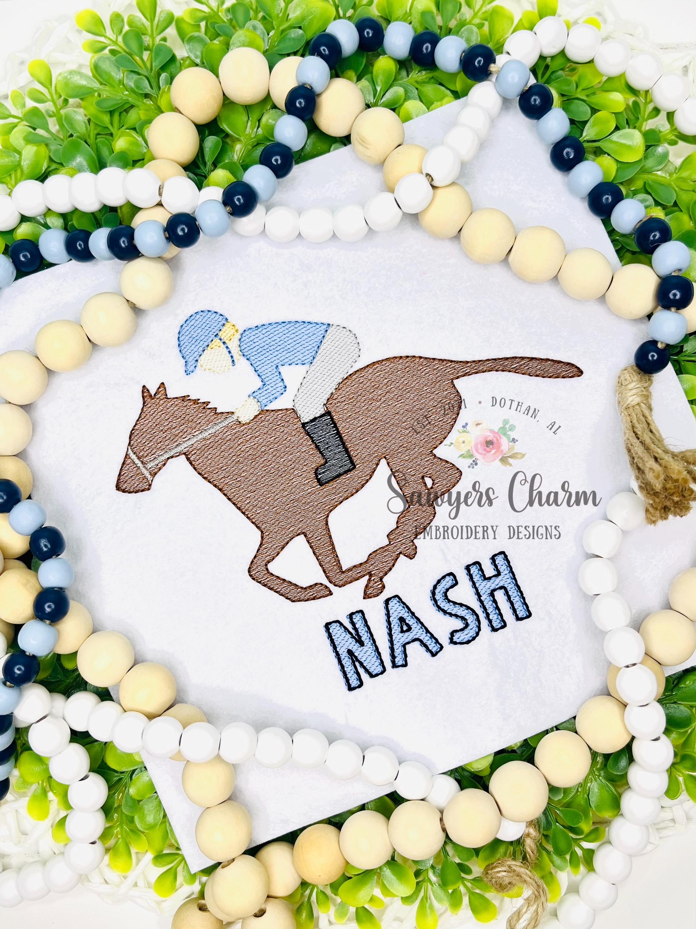 ダービー競馬の馬と騎手のスケッチステッチミシン刺繍デザイン