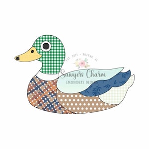 May include: A whimsical duck design with a patchwork pattern. The duck features a green and white checkered head, a yellow beak, and a body composed of various patterned fabrics in shades of brown, blue, and white. The design includes the text "Sawyers Charm Embroidery Designs".