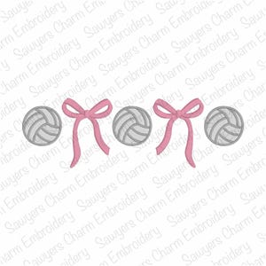 Pode incluir: Design bordado com três bolas de voleibol cinza e brancas, alternadas com laços rosa. Ideal para projetos com tema esportivo.