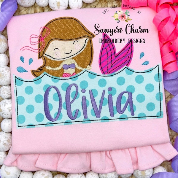 BUNDLE Mermaid jumping out of water with name plate zig zag & bean stitch machine embroidery design file, quick stitch, bow, ocean beach