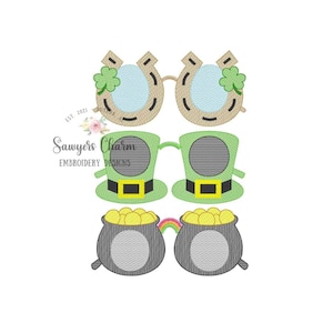 Puede incluir: Tres juegos de gafas con temática del Día de San Patricio con diferentes diseños. El primer juego es un par de gafas con un diseño de herradura y trébol. El segundo juego es un par de gafas con un diseño de sombrero de duende. El tercer juego es un par de gafas con un diseño de olla de oro.