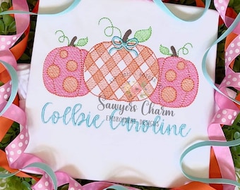 Gingham & polka dot pumpkins trio with coquette bow, sketch stitch embroidery design, fall, Halloween fall leaves, pumpkin patch