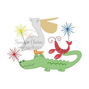 Patriotic pelican, crayfish, alligator trio with sparklers sketch stitch trio machine embroidery design file, Fourth of July, Memorial Day