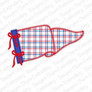 May include: A pennant-shaped design with a blue, red, and white plaid pattern. The pennant has a blue border with red bows and a red stitched outline. The design is for embroidery.