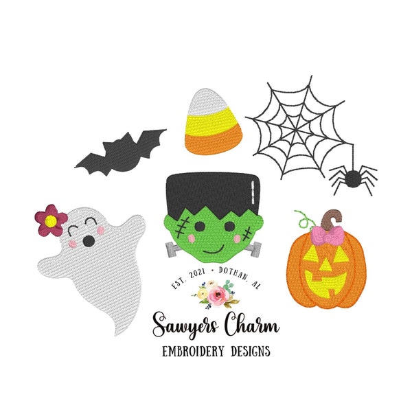 BUNDLE Halloween mini fill machine embroidery design file, ghost, Frankenstein, jackolantern, bat, flower, bow, spiderweb, candy corn, retro