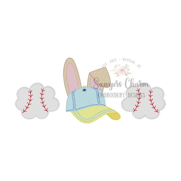 Easter bunny ears Ball cap/hat baseball tails sketch stitch trio, machine embroidery design file, little boy, spring, outdoors, game