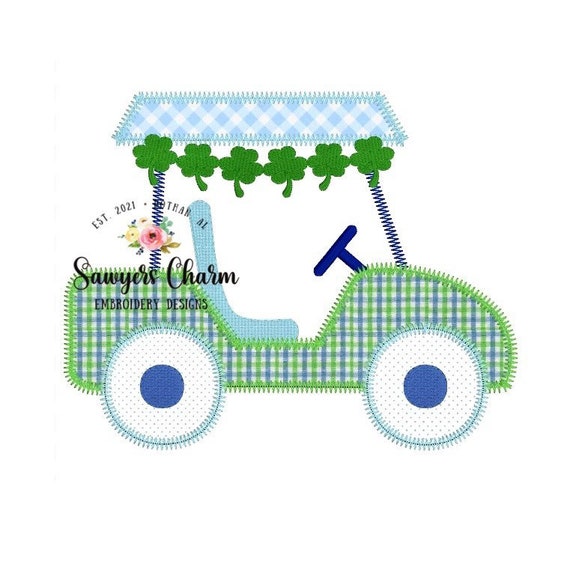 St. Patrick's Day Golf cart with shamrocks zigzag machine embroidery applique design file, quick stitch, spring sports