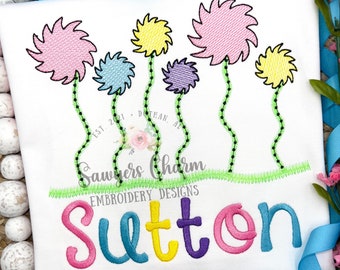 Whimsical flowers sketch stitch machine embroidery design file quick stitch, bean stitch Read Across America, cat hat doctor