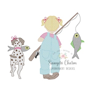May include: A girl with blonde hair and pigtails is holding a fishing rod with a fish on the line. She is wearing blue overalls and a pink shirt. A brown and white spotted dog with a pink bow is holding a fish in its mouth. The dog is standing behind the girl.