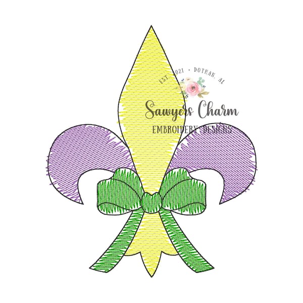 BUNDLE Mardi gras fleur de lis "watercolor" sketch stitch machine embroidery design file, with and without bow, quick stitch, bean stitch