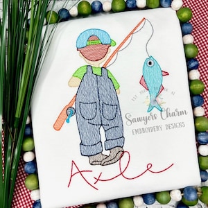 BUNDLE Little girl AND boy fishing sketch stitch machine embroidery design file, fishing pole, spring summer quick stitch outdoors hat & bow