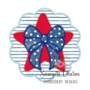 May include: A red star with a blue and white bow on top. The star and bow are on a blue and white striped background. The text "Sawyer's Charm Embroidery Designs" is at the bottom of the image.