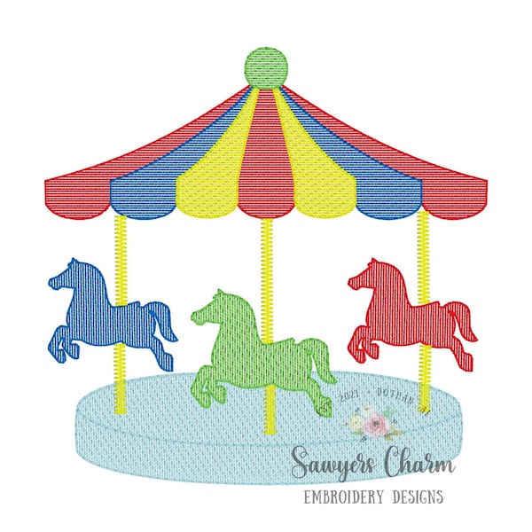 Carousel horses ride sketch stitch machine embroidery design file, festival, rides, state fair, quick stitch, bean stitch details