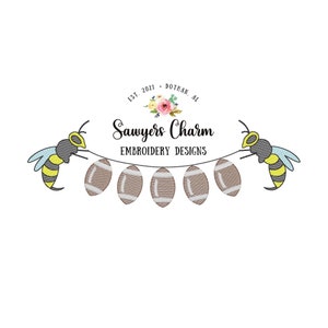 May include: A logo for "Sawyers Charm Embroidery Designs" featuring two cartoon bees holding a string of footballs. The logo includes text and floral elements, with the text "Est. 2021 Dothan, AL".