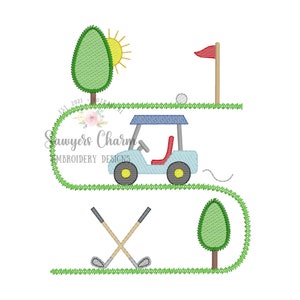 PAKIET Szkicowy plik do haftu maszynowego „Golf Course Trio”, szybkie szycie, z kokardą lub bez, kije, putting green, flaga, piłka golfowa