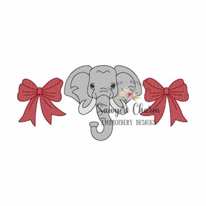 May include: A gray elephant head with red bows on either side. The elephant has large ears and a trunk. The text "Sawyer's Charm Embroidery Designs" is below the elephant.