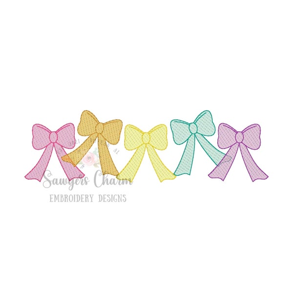 Row of 5 overlapping bows sketch stitch with bean stitch details, machine embroidery design file, quick stitch, girly, hairbow ribbons